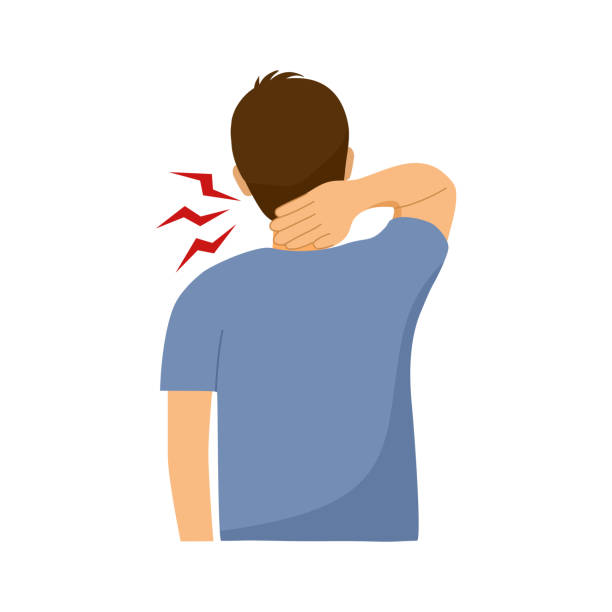 Young man has neck pain symptom. Bone or muscle problem. Health disease.